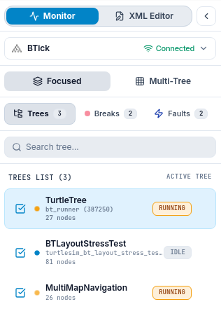 Left sidebar showing mode switcher, protocol selector, view mode toggle, and navigation tabs