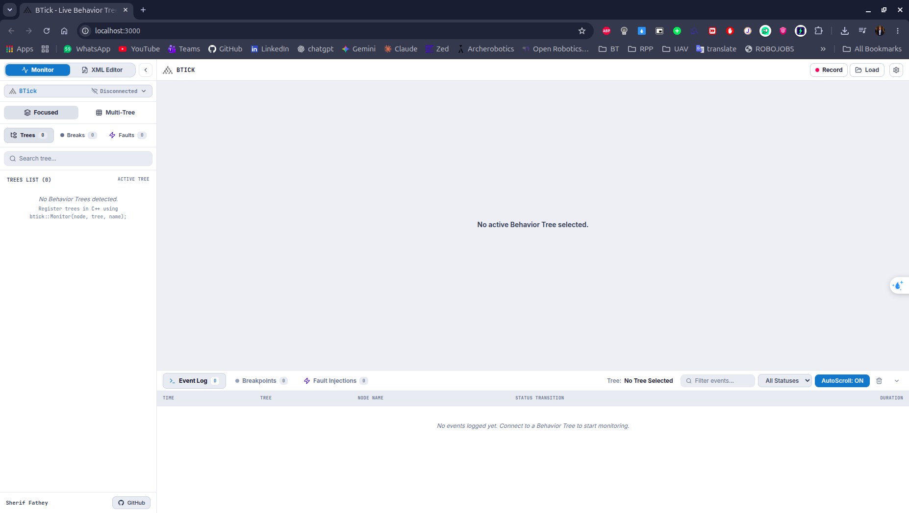 BTick web interface showing behavior tree execution and node states